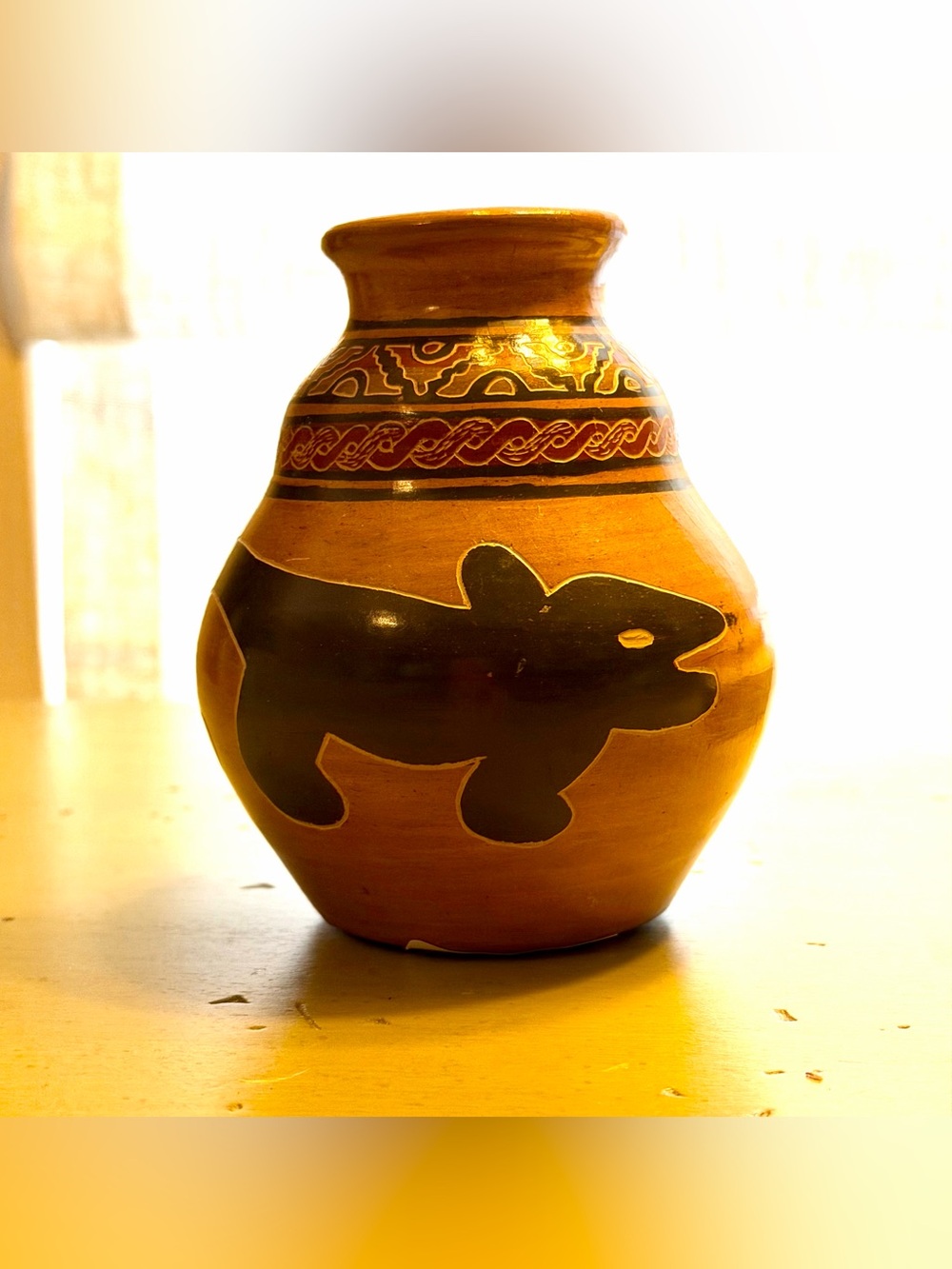 Costa Rica hand crafted clay pottery vase, folk art,signed
